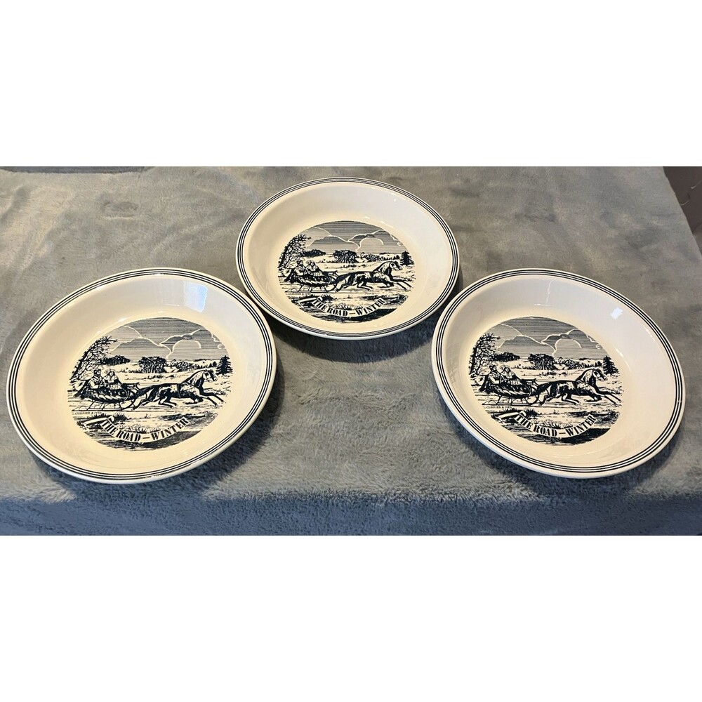 3 Vtg Currier & Ives The Road-Winter Pie Plate 10"  Blue White Sleigh Ride '70's